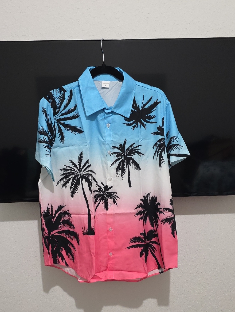 Men's Gradient Palm-Print Short-Sleeve Button Shirt - Blue/Pink